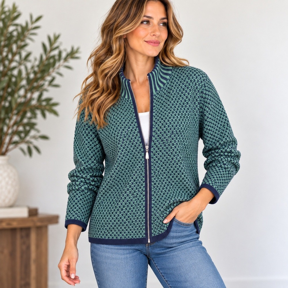 Skovhuus Denmark Knit Full Zip Cardigan L Nordic Scandinavian Danish Green Blue